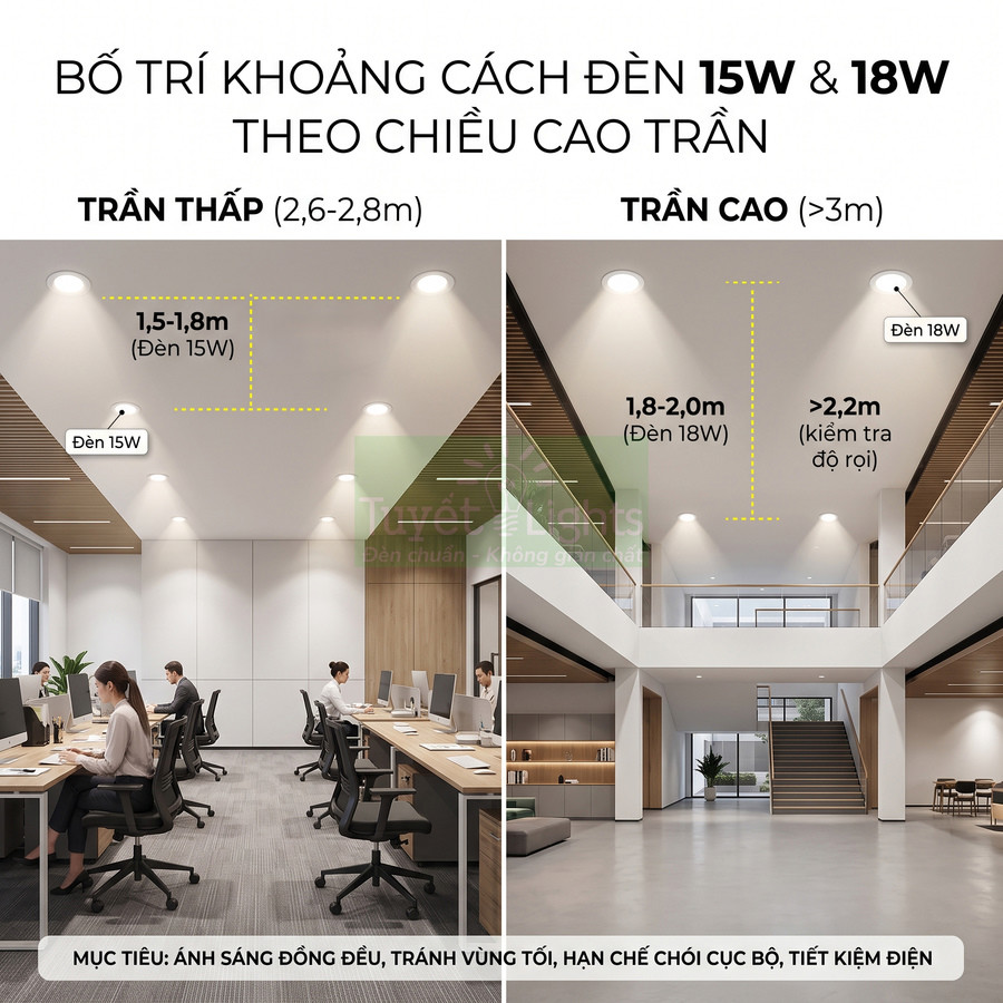 Hướng dẫn bố trí đèn âm trần 15W và 18W cho văn phòng trần thấp và sảnh trần cao