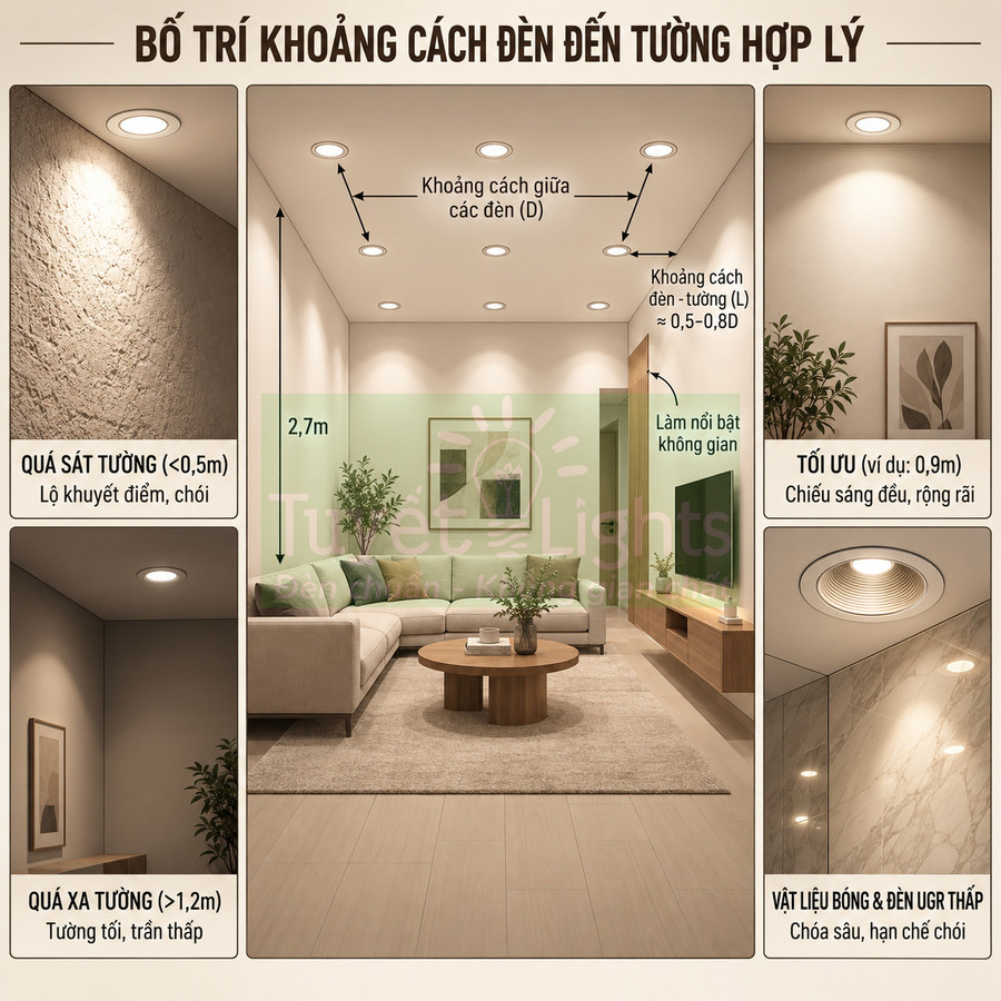 Hướng dẫn bố trí khoảng cách đèn downlight âm trần trong phòng khách để chiếu sáng đều và hạn chế chói