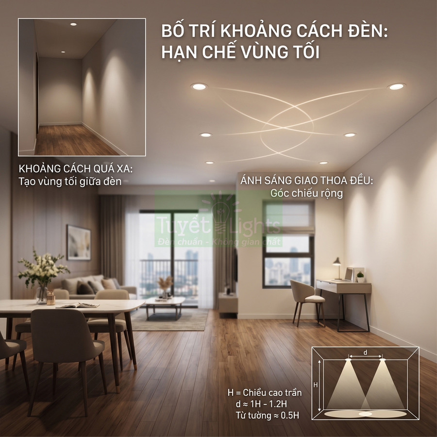 Bố trí đèn âm trần Tuyết Lights trong phòng khách hiện đại, ánh sáng giao thoa đều hạn chế vùng tối