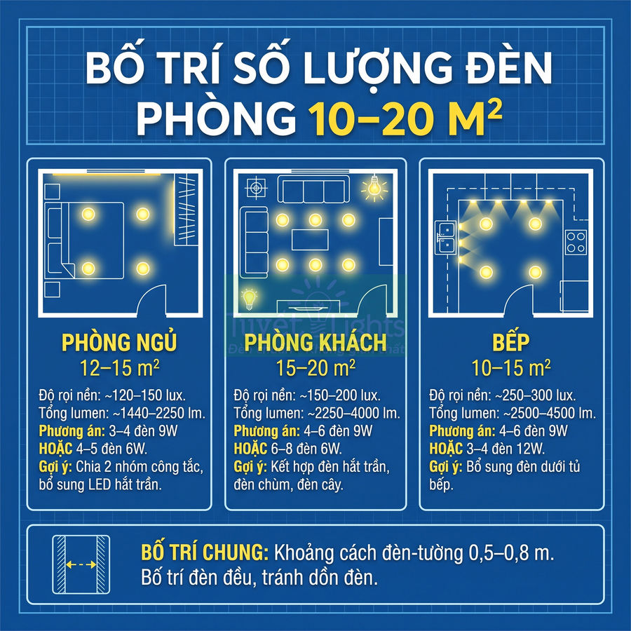 Sơ đồ bố trí số lượng đèn LED cho phòng ngủ, phòng khách và bếp diện tích 10–20 m2