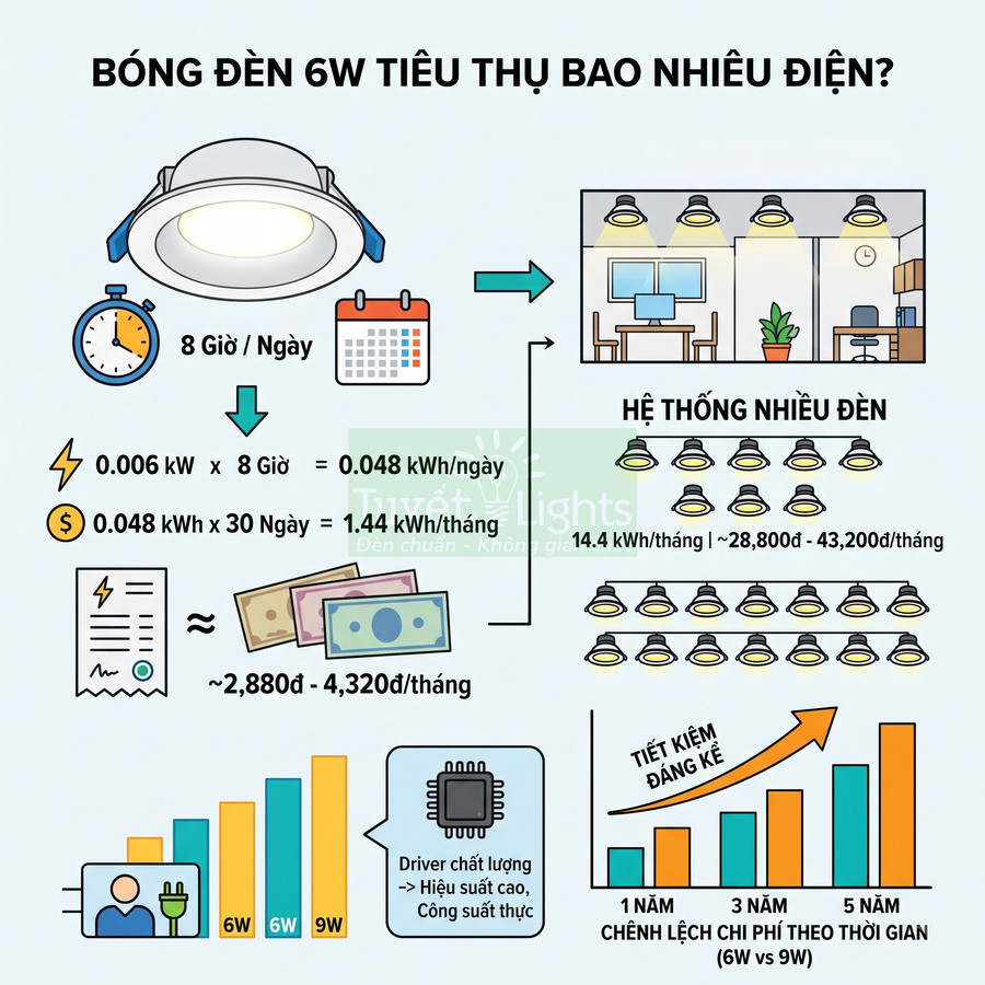 Infographic bóng đèn LED âm trần 6W tính lượng điện tiêu thụ và chi phí tiết kiệm so với đèn 9W