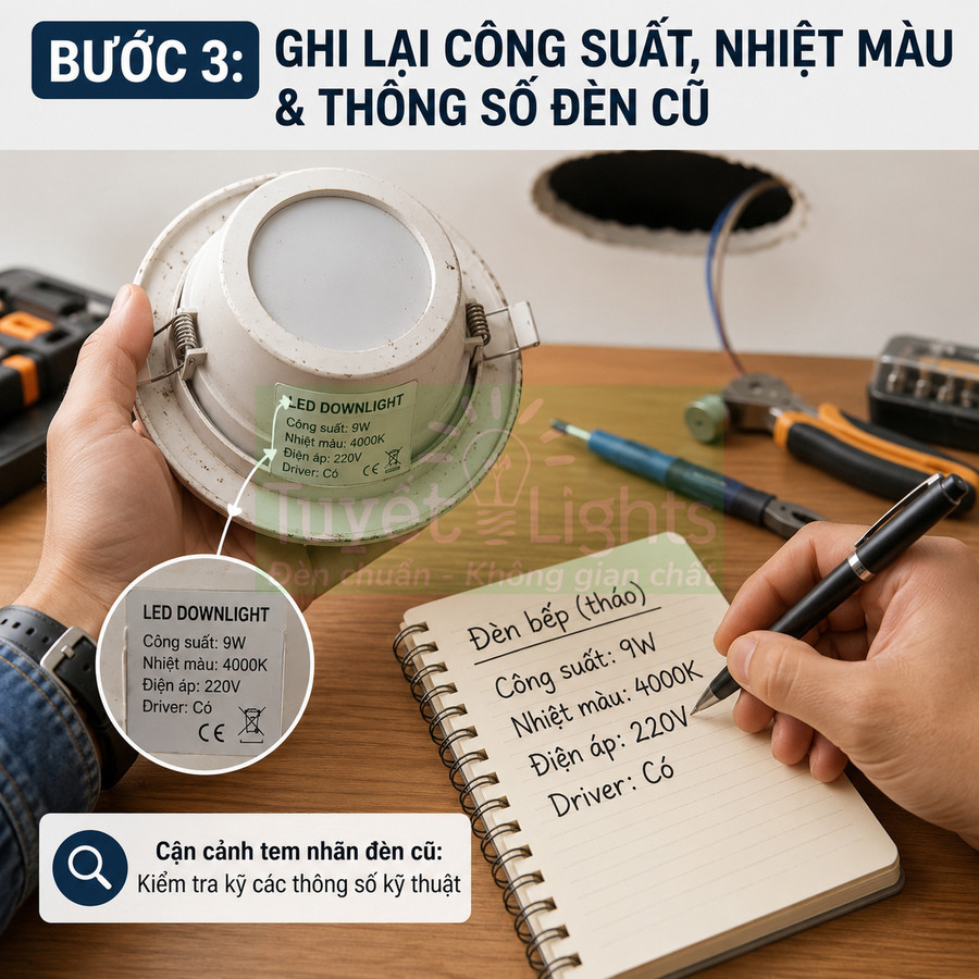 Ghi lại thông số kỹ thuật đèn LED downlight cũ vào sổ tay trước khi thay mới