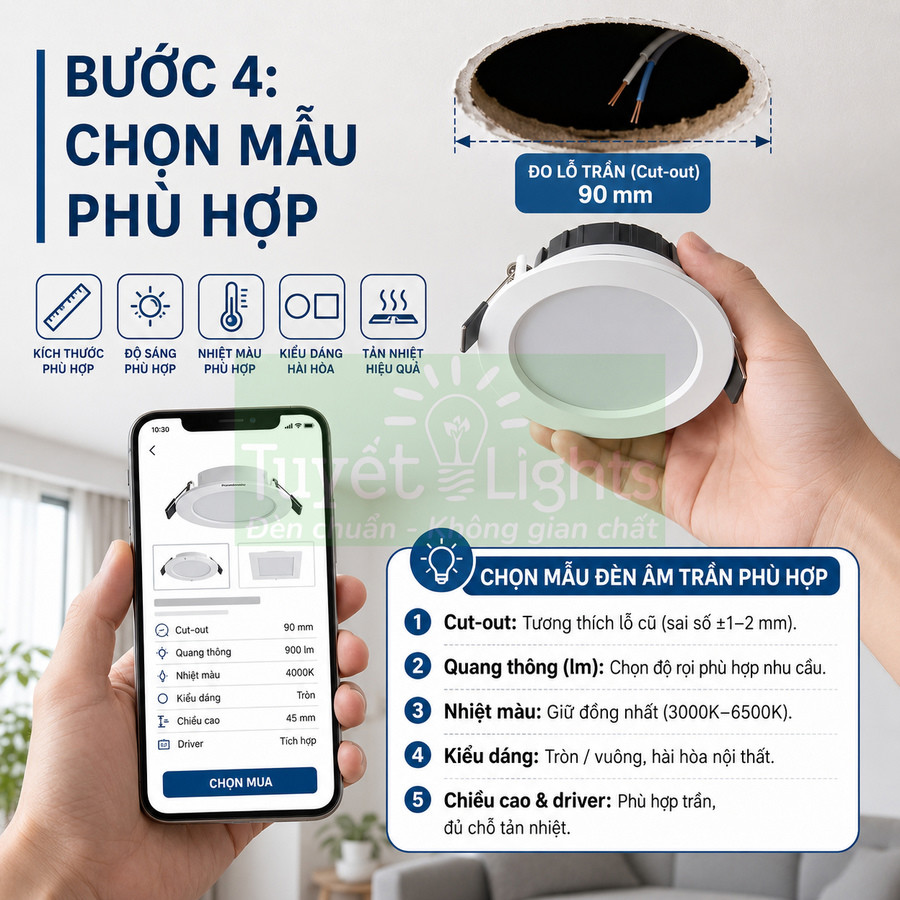 Hướng dẫn chọn đèn led âm trần Tuyết Lights với điện thoại hiển thị thông số và tay cầm mẫu đèn tròn
