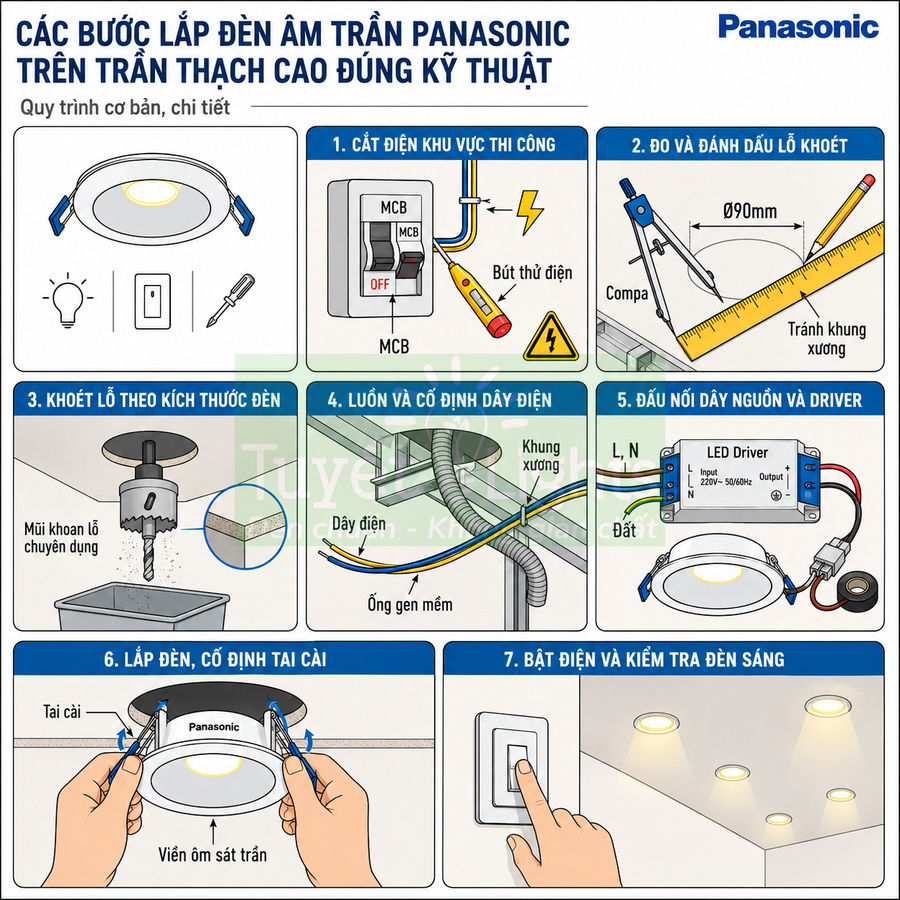 Hướng dẫn lắp đặt đèn LED âm trần Panasonic trên trần thạch cao từng bước chi tiết