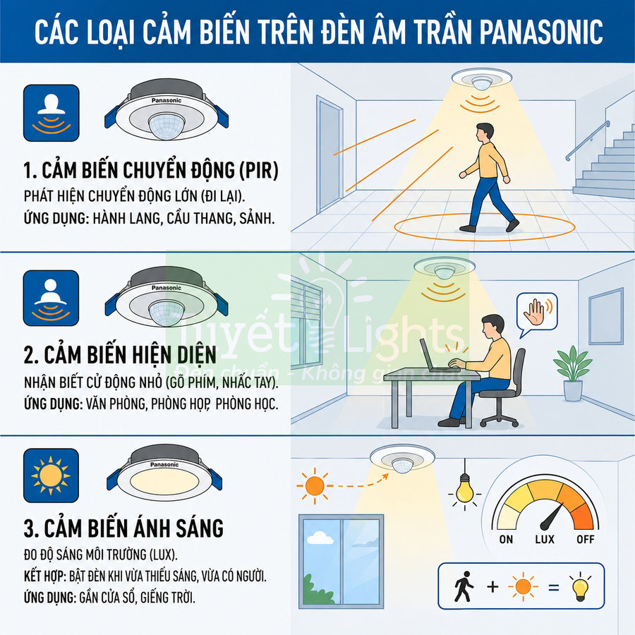 Các loại cảm biến trên đèn âm trần Panasonic gồm cảm biến chuyển động, hiện diện và ánh sáng