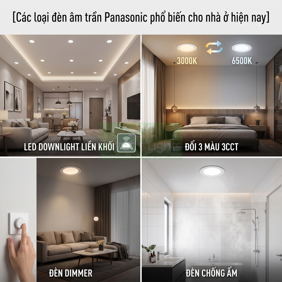 Các loại đèn âm trần Panasonic cho nhà ở gồm downlight liền khối, đổi 3 màu, dimmer và đèn chống ẩm