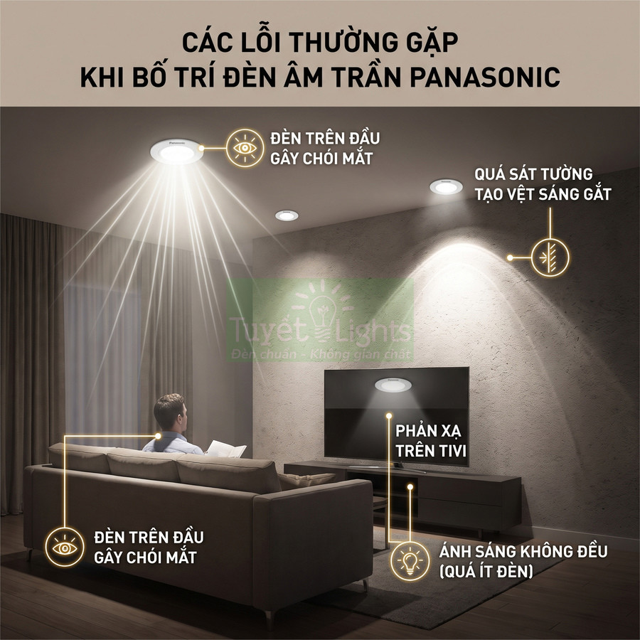 Các lỗi bố trí đèn âm trần Panasonic trong phòng khách với ghế sofa và tivi