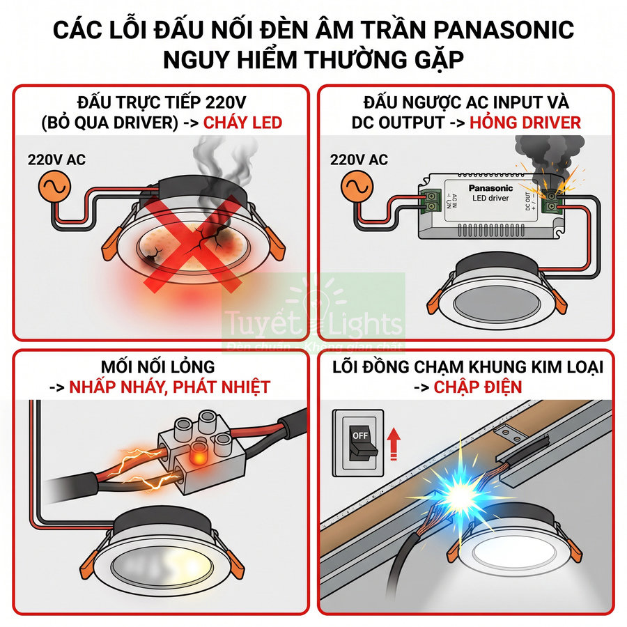 Các lỗi đấu nối đèn âm trần Panasonic gây cháy LED, hỏng driver, nhấp nháy và chập điện cần tránh