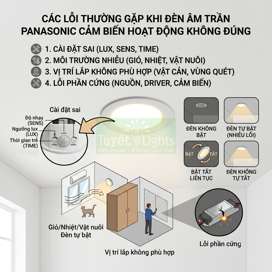 Các lỗi thường gặp khi đèn âm trần Panasonic cảm biến hoạt động sai và cách nhận biết từng lỗi