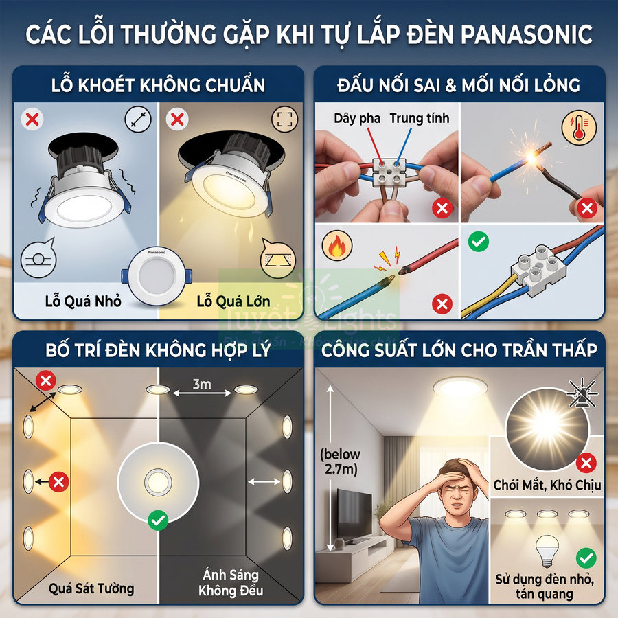 Các lỗi thường gặp khi tự lắp đèn âm trần Panasonic và cách bố trí, chọn công suất đèn phù hợp