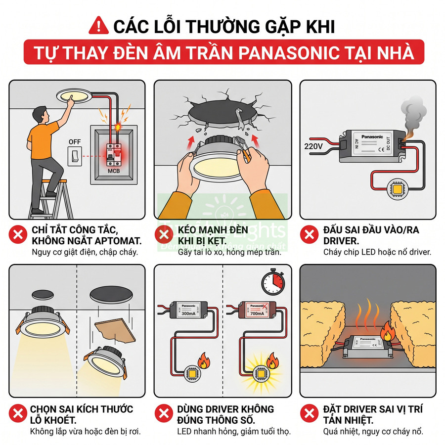 Các lỗi thường gặp khi tự thay đèn âm trần Panasonic tại nhà và cách lắp đặt driver, kích thước đèn