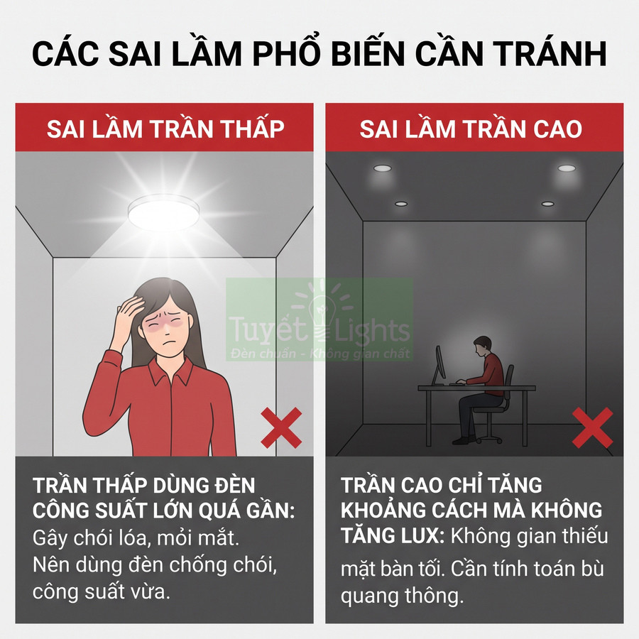 Minh họa sai lầm lắp đèn trần công suất lớn cho trần thấp và đèn trần xa cho trần cao gây chói và thiếu sáng