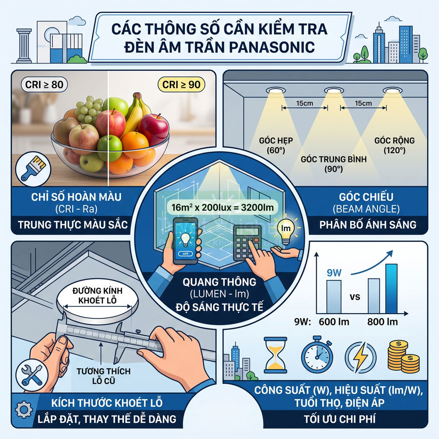 Các thông số cần kiểm tra khi chọn đèn âm trần Panasonic: CRI, góc chiếu, quang thông, kích thước khoét lỗ, công suất