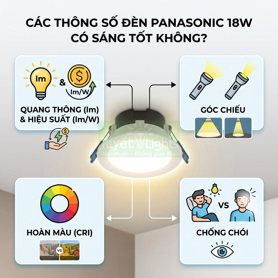 Thông số đèn LED âm trần Panasonic 18W về quang thông, góc chiếu, hoàn màu và khả năng chống chói