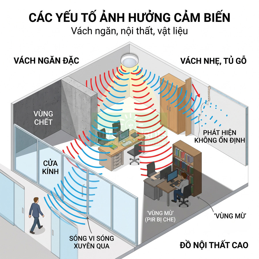 Minh họa cảm biến chuyển động gắn trần trong văn phòng và các yếu tố nội thất ảnh hưởng vùng phát hiện