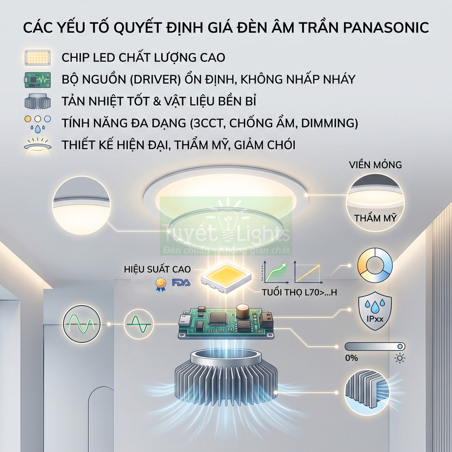 Đèn âm trần Panasonic hiện đại với chip LED cao cấp, tản nhiệt tốt, chống ẩm, viền mỏng thẩm mỹ