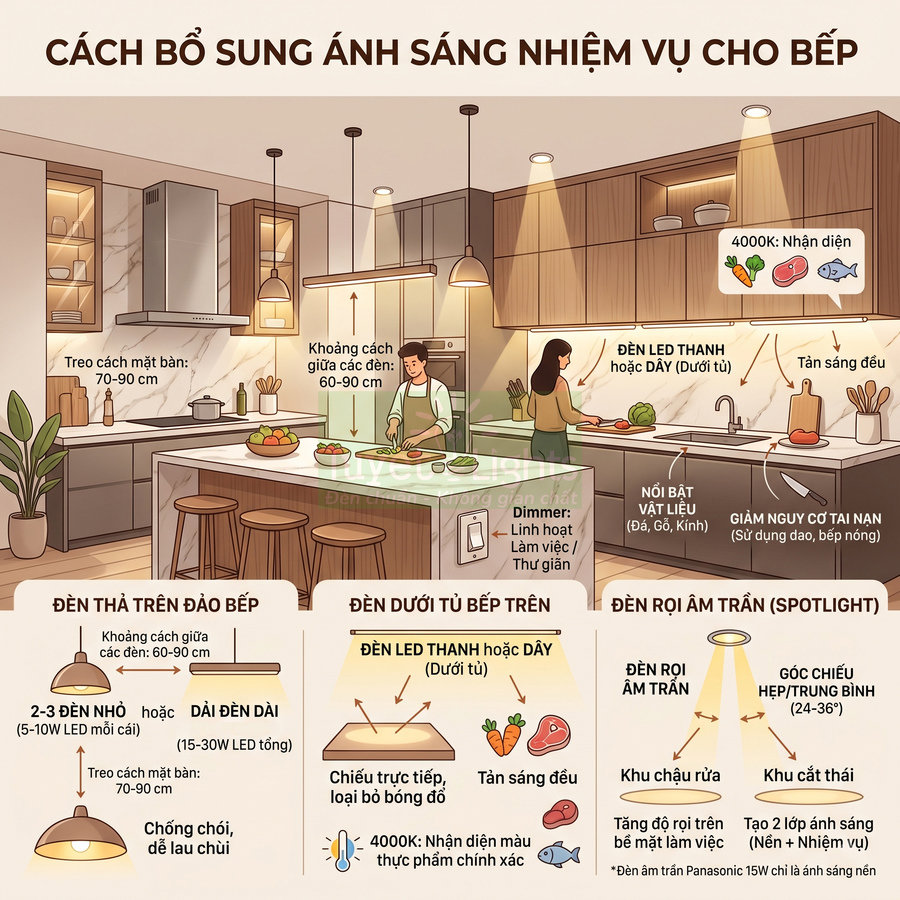 Minh họa bố trí đèn LED thả, đèn led thanh dưới tủ và đèn rọi âm trần chiếu sáng khu vực bếp hiện đại