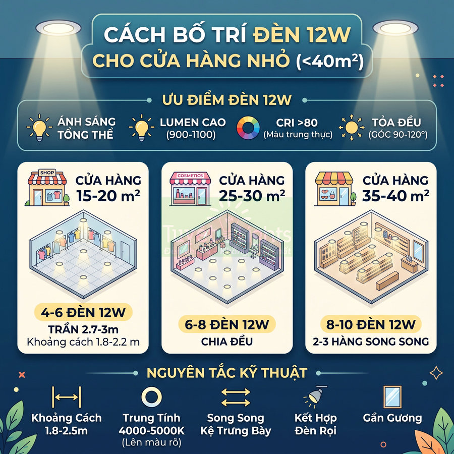 Hướng dẫn bố trí đèn led 12W cho cửa hàng nhỏ dưới 40m2 với số lượng đèn phù hợp từng diện tích