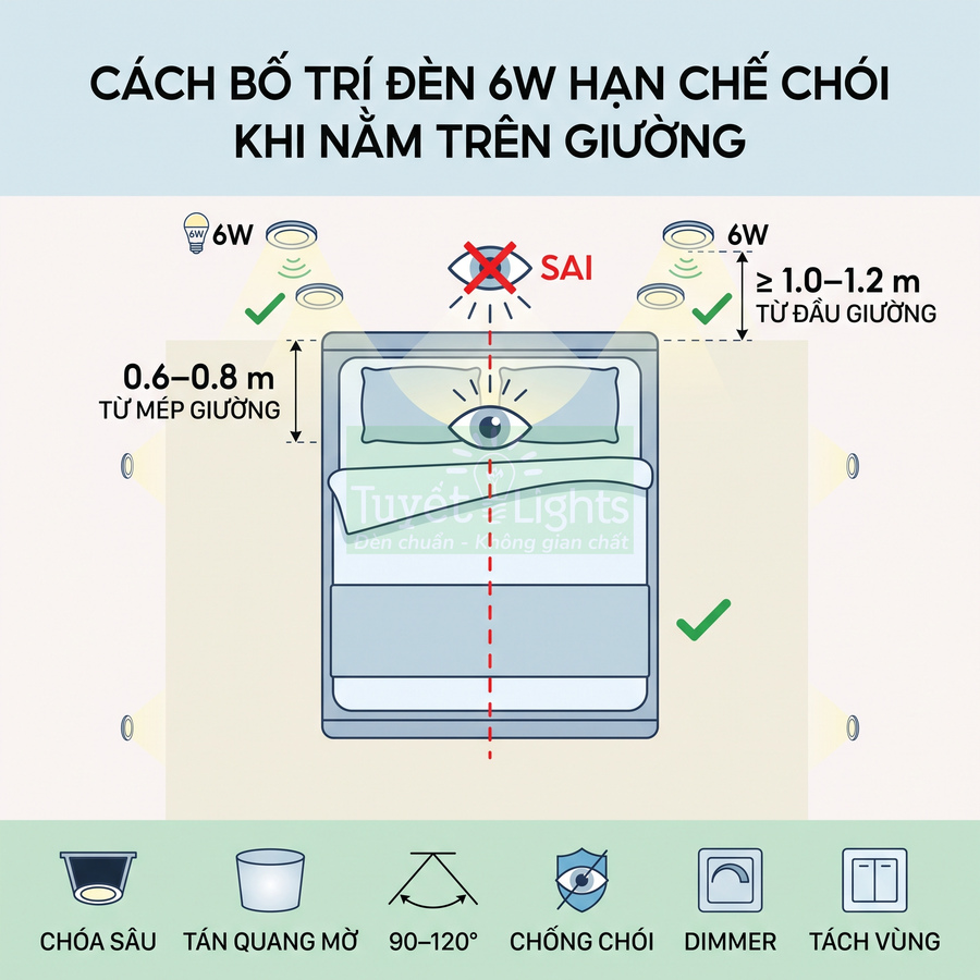 Sơ đồ bố trí đèn âm trần 6W chống chói quanh giường ngủ, khoảng cách hợp lý từ đầu và mép giường
