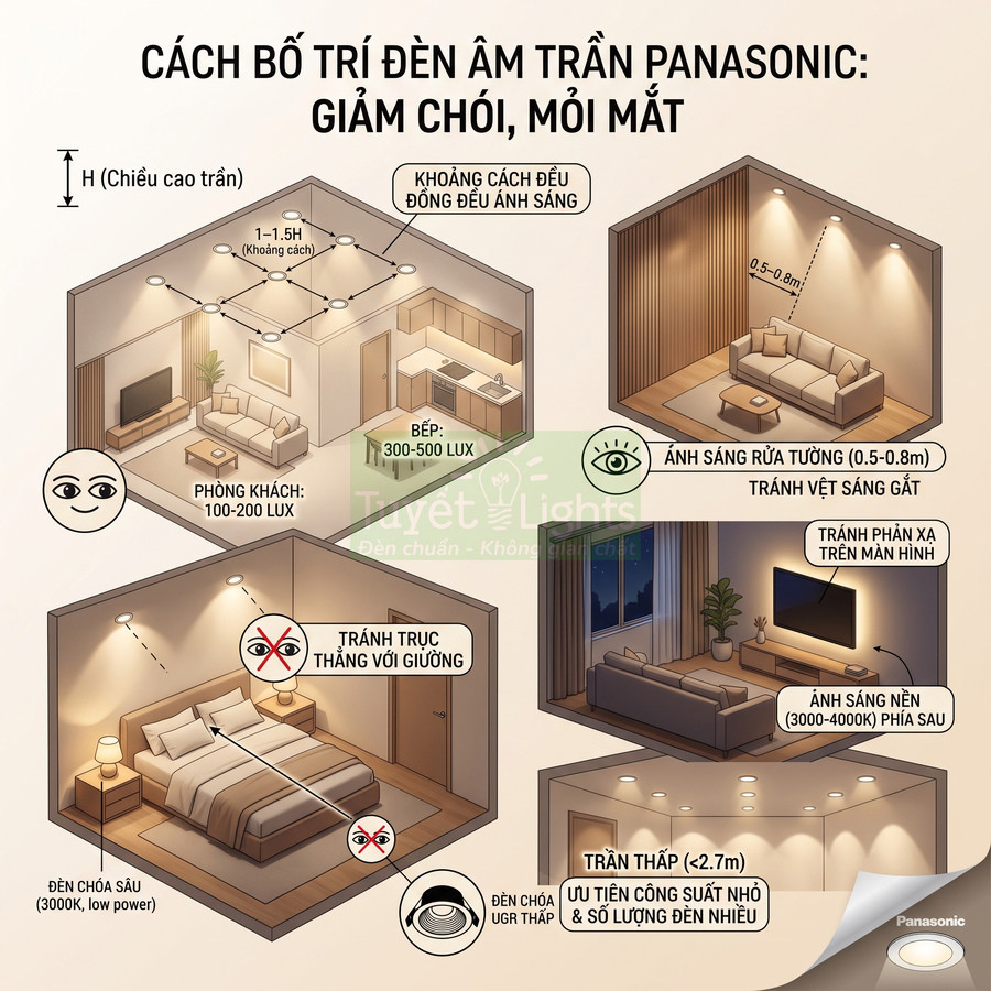 Cách bố trí đèn âm trần Panasonic cho phòng khách, bếp, phòng ngủ giảm chói và bảo vệ mắt