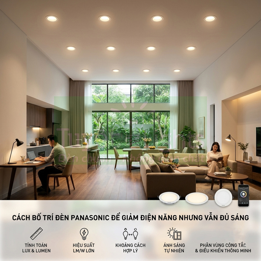 Phòng khách và bếp hiện đại sử dụng đèn LED âm trần Panasonic chiếu sáng tiết kiệm điện