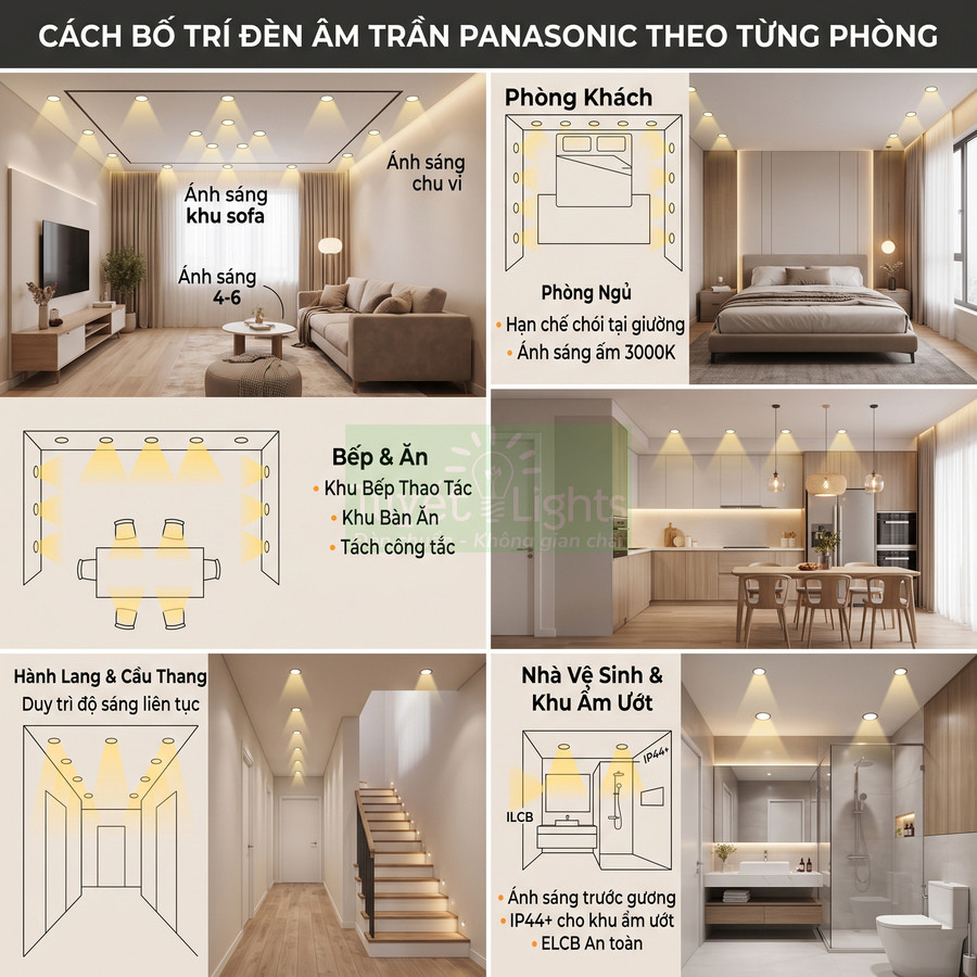 Cách bố trí đèn âm trần Panasonic cho phòng khách, phòng ngủ, bếp, hành lang và nhà vệ sinh trong căn hộ hiện đại