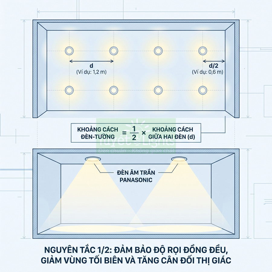 Sơ đồ bố trí đèn âm trần Panasonic với khoảng cách đèn tường bằng nửa khoảng cách giữa hai đèn