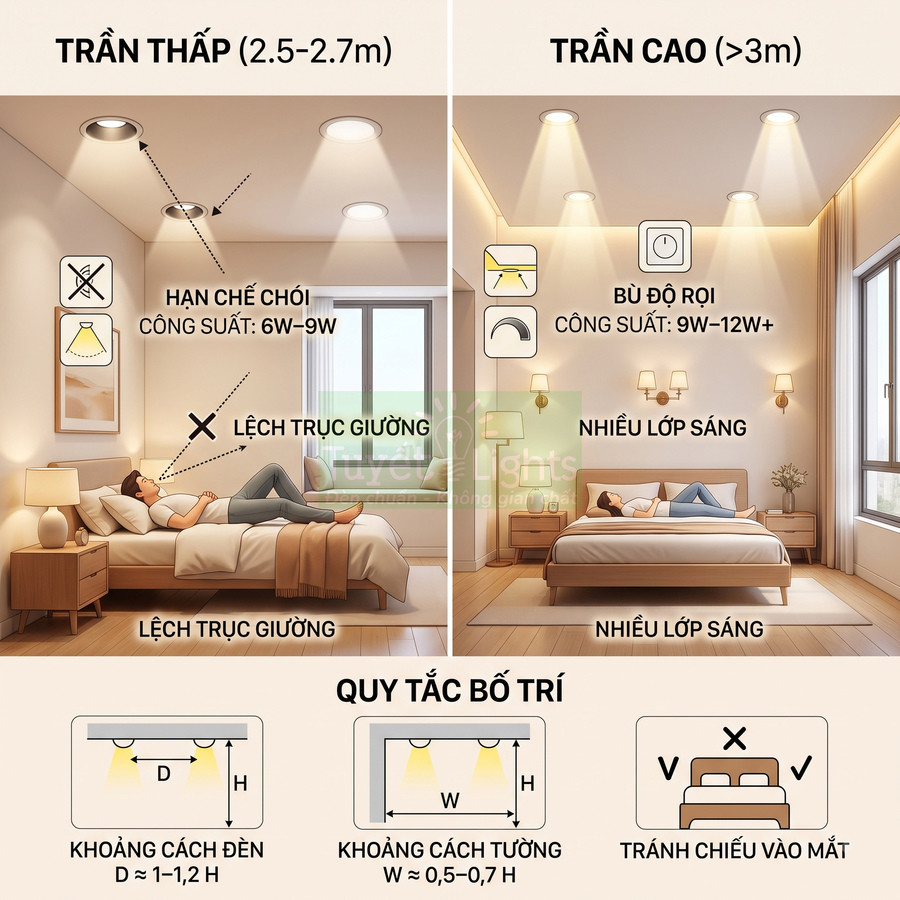 Hướng dẫn bố trí đèn âm trần phòng ngủ trần thấp và trần cao, công suất và khoảng cách lắp đặt hợp lý