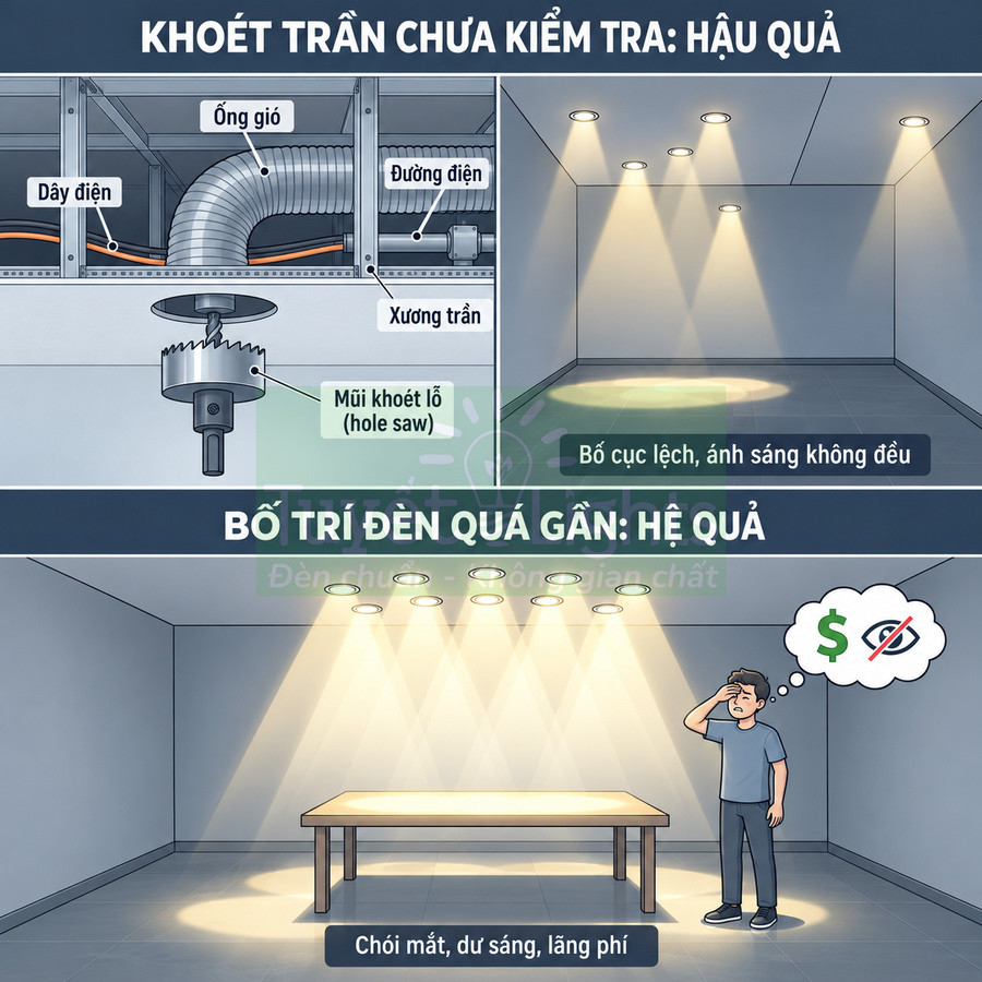 Minh họa hậu quả khoét trần lắp đèn âm trần sai vị trí và bố trí đèn quá gần gây chói mắt, lãng phí