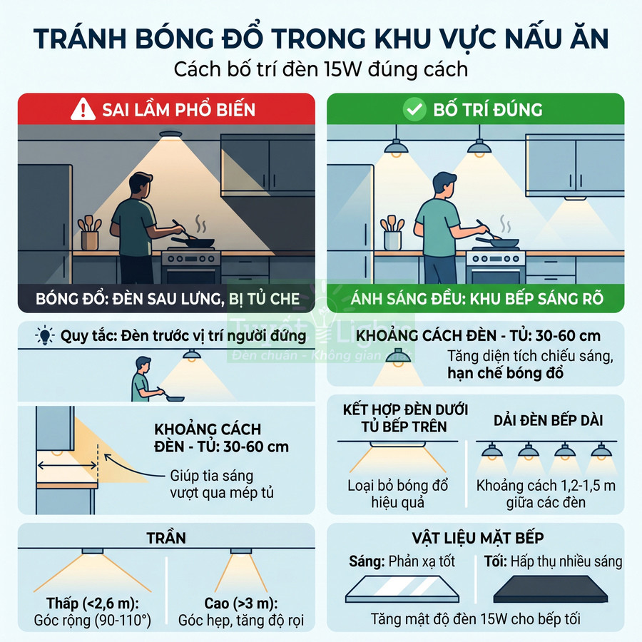 Hướng dẫn bố trí đèn 15W trong khu vực bếp để tránh bóng đổ và chiếu sáng đều mặt bếp