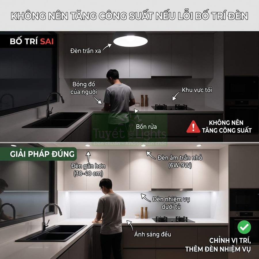 So sánh bố trí đèn bếp sai và đúng với đèn âm trần nhỏ, đèn nhiệm vụ dưới tủ cho ánh sáng đều