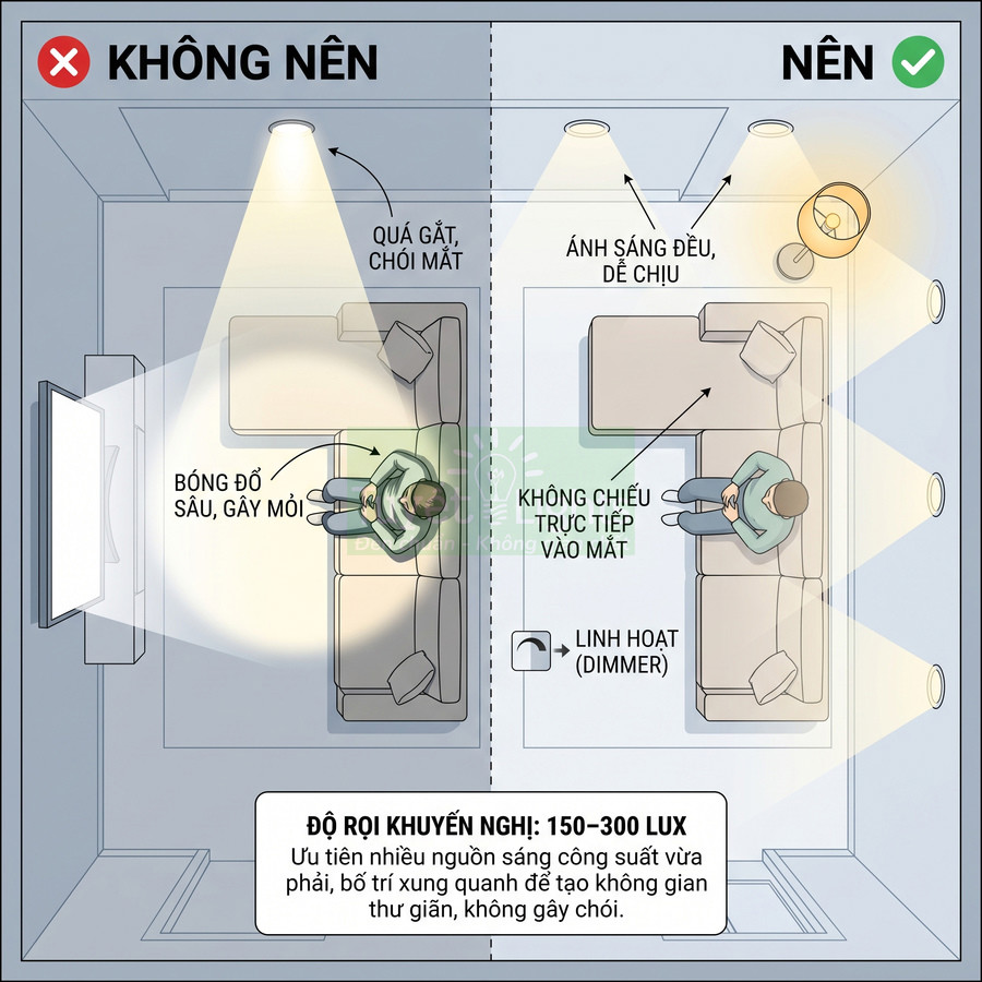 So sánh bố trí đèn chiếu sáng phòng khách, minh họa cách lắp đèn đúng và sai để tránh chói mắt