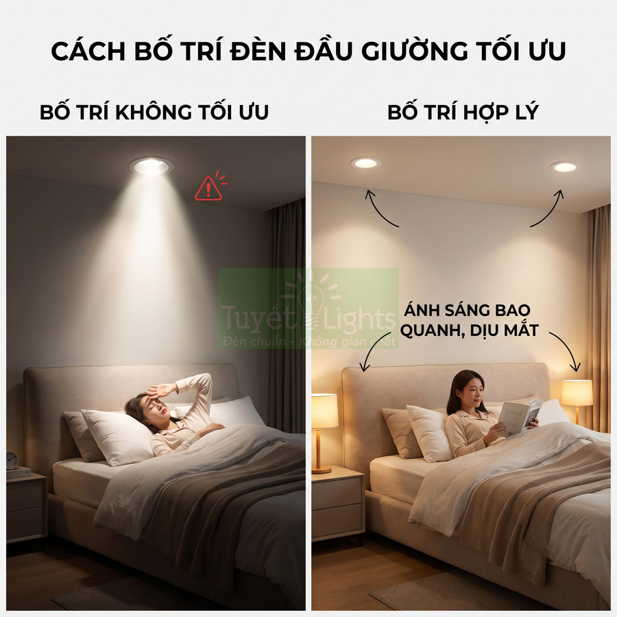 Cách bố trí đèn đầu giường tối ưu với đèn âm trần và đèn ngủ cho ánh sáng dịu mắt, dễ chịu