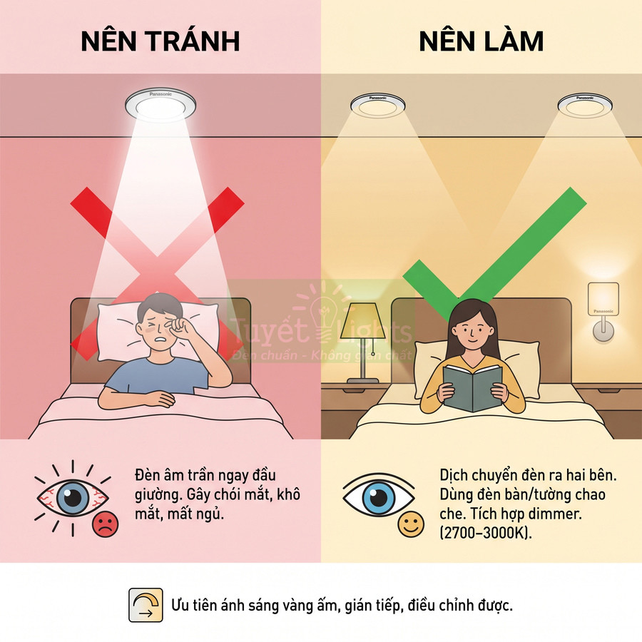 Minh họa cách bố trí đèn Panasonic trong phòng ngủ, tránh đèn âm trần chiếu thẳng giường và ưu tiên đèn vàng ấm hai bên