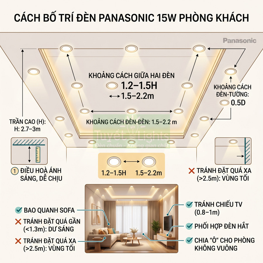 Sơ đồ bố trí đèn âm trần Panasonic 15W cho phòng khách với khoảng cách lắp đặt chuẩn