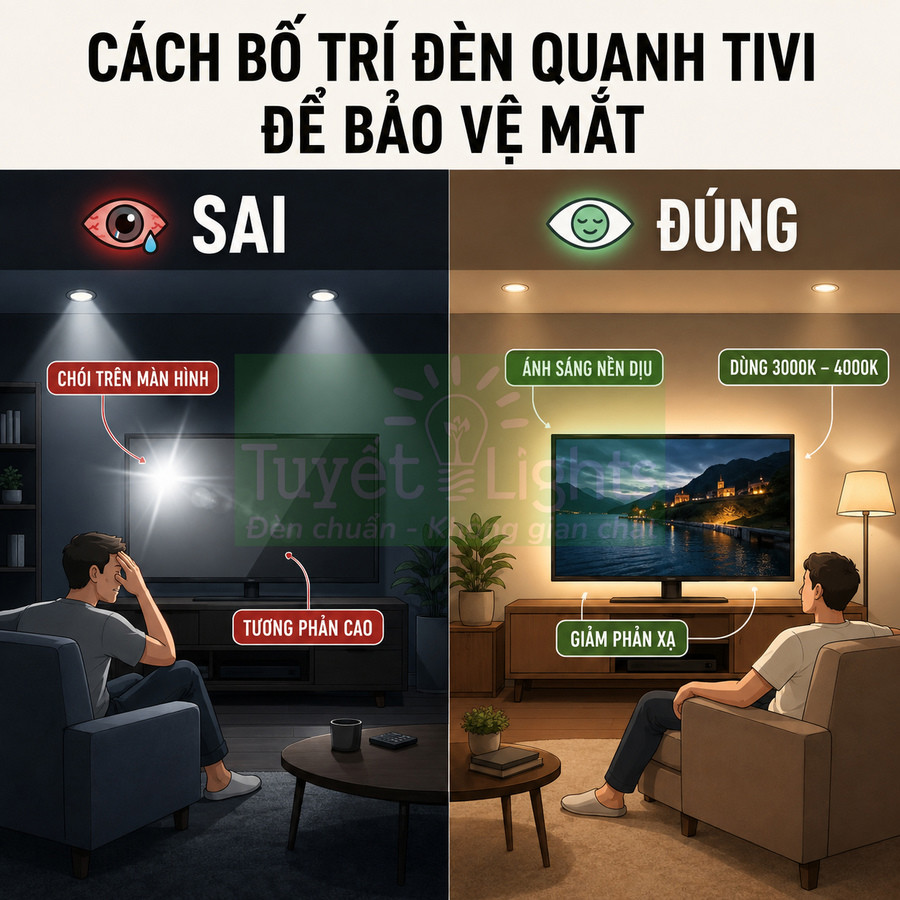 So sánh cách bố trí đèn quanh tivi sai và đúng để giảm chói, giảm phản xạ và bảo vệ mắt khi xem TV