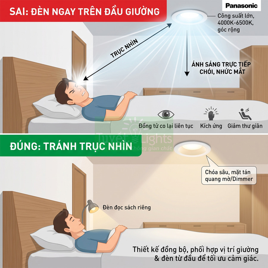 Đèn trần Panasonic cho phòng ngủ với hướng dẫn lắp đặt tránh chiếu thẳng vào mắt người nằm trên giường