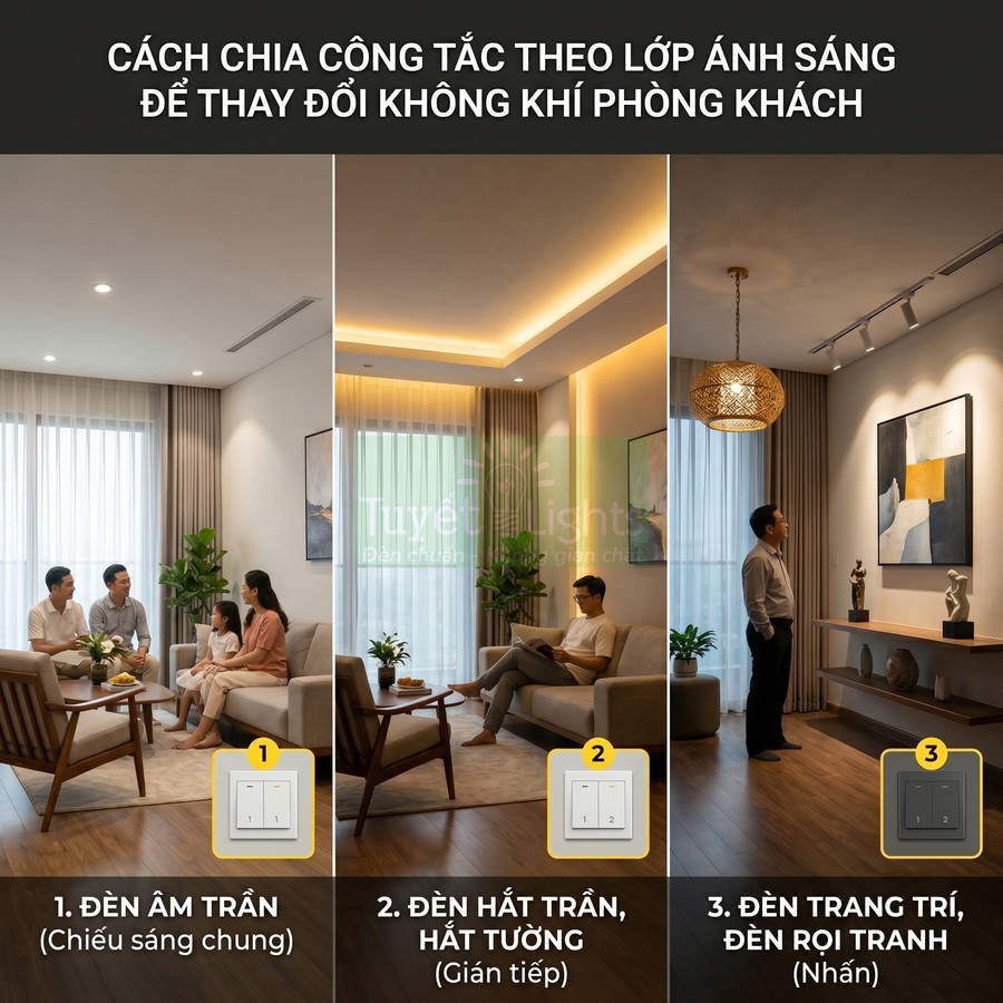 Hướng dẫn chia công tắc cho đèn âm trần, đèn hắt trần và đèn rọi tranh trong phòng khách hiện đại