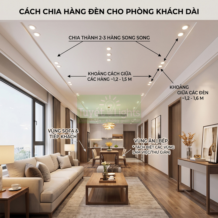Cách bố trí đèn trần âm trần cho phòng khách dài hiện đại với sofa và bàn ăn gỗ