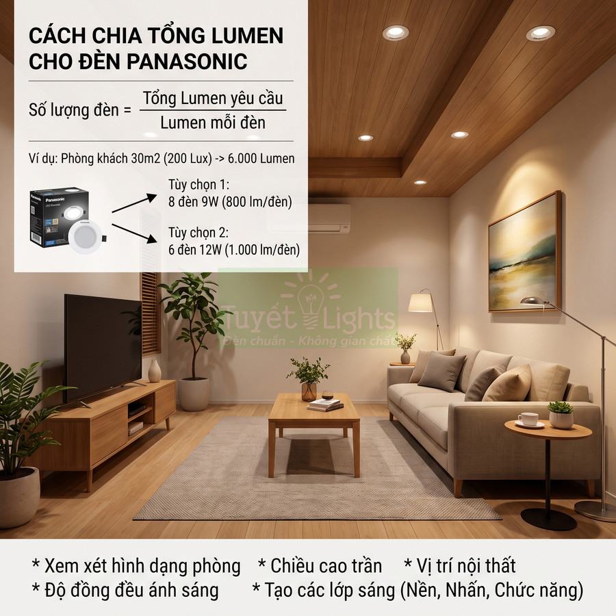 Đèn downlight Panasonic chiếu sáng phòng khách hiện đại với trần gỗ và nội thất tối giản