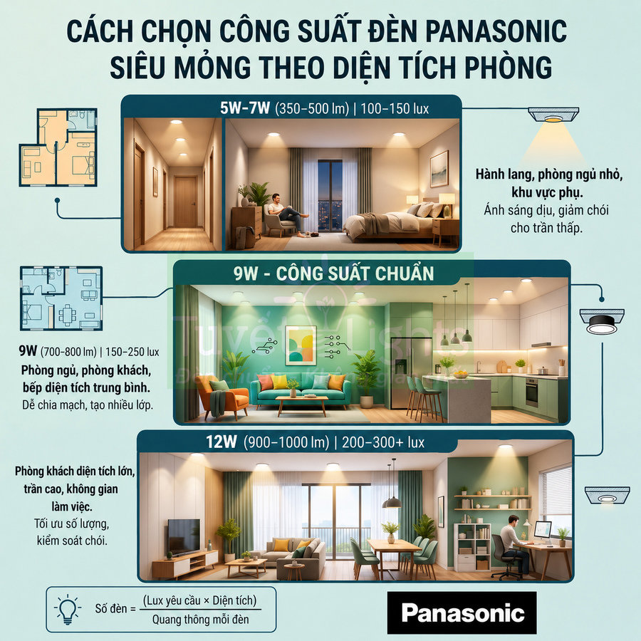 Hướng dẫn chọn công suất đèn LED siêu mỏng Panasonic 5W 7W 9W 12W theo diện tích phòng ngủ khách bếp làm việc