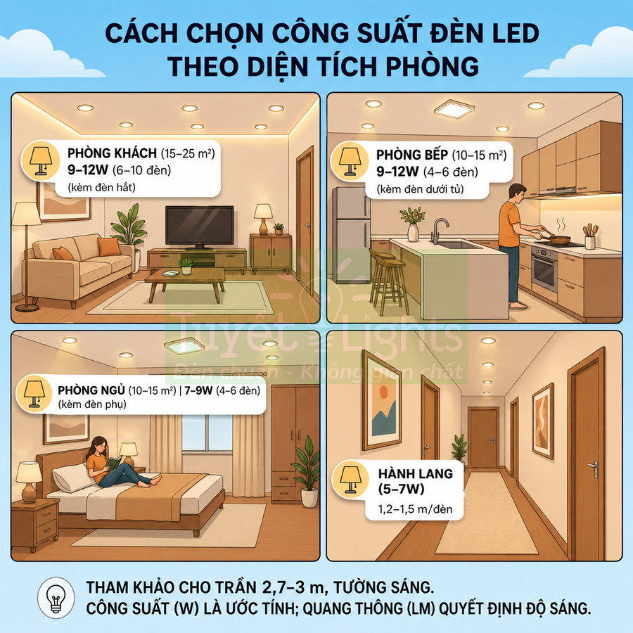 Hướng dẫn chọn công suất đèn LED cho phòng khách, bếp, ngủ và hành lang theo diện tích phòng