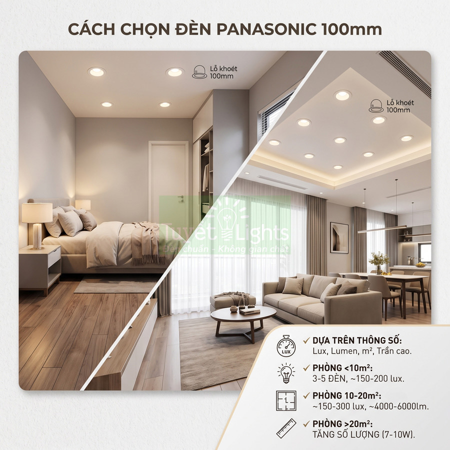 Cách bố trí đèn âm trần Panasonic 100mm cho phòng ngủ và phòng khách hiện đại