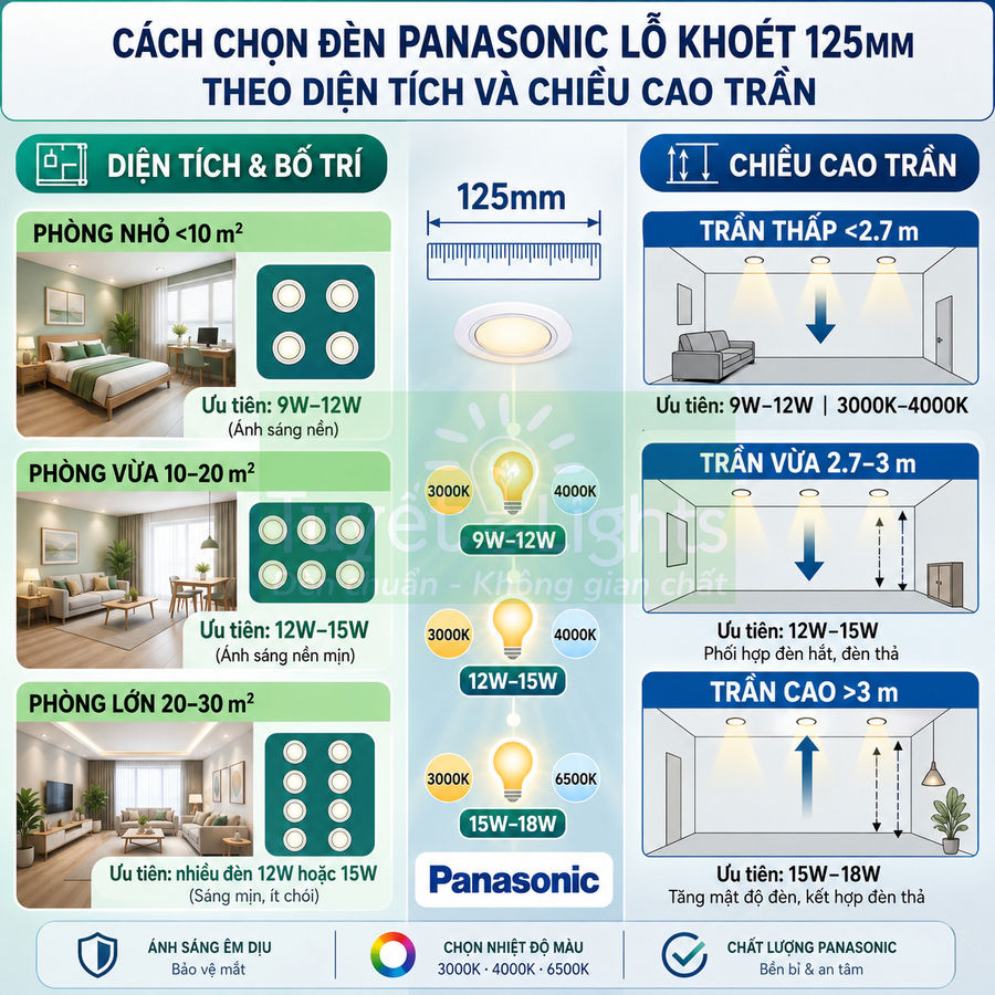 Hướng dẫn chọn đèn âm trần Panasonic lỗ khoét 125mm theo diện tích phòng và chiều cao trần