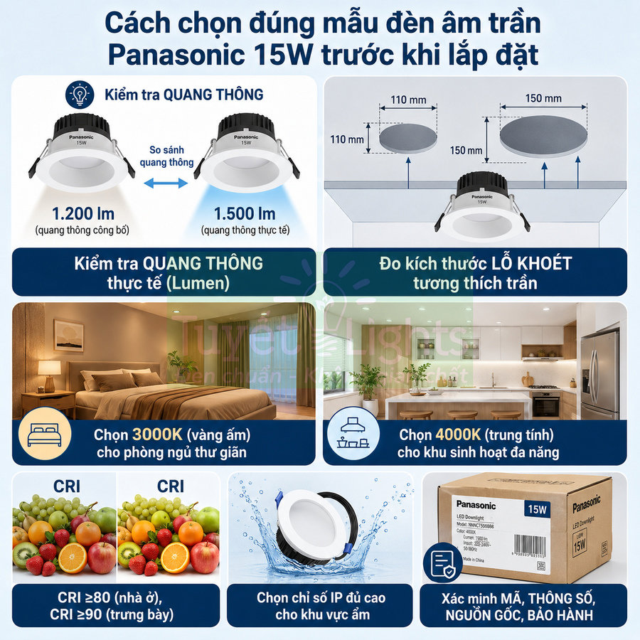Hướng dẫn chọn đèn âm trần Panasonic 15W với quang thông, kích thước, nhiệt độ màu và chỉ số CRI
