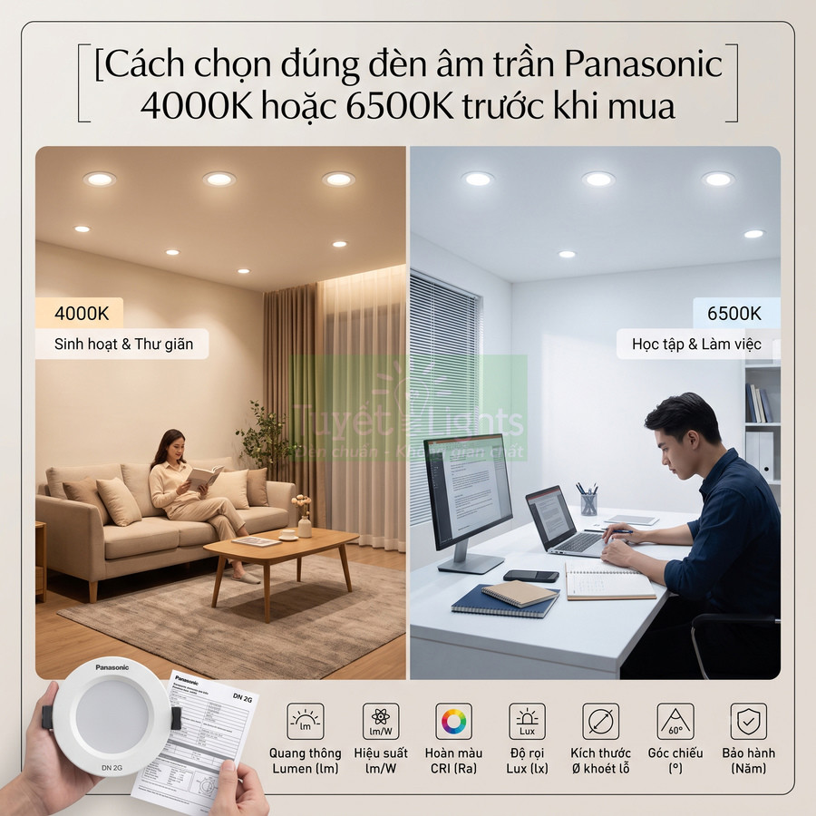 Đèn âm trần Panasonic 4000K và 6500K cho phòng khách thư giãn và phòng làm việc học tập