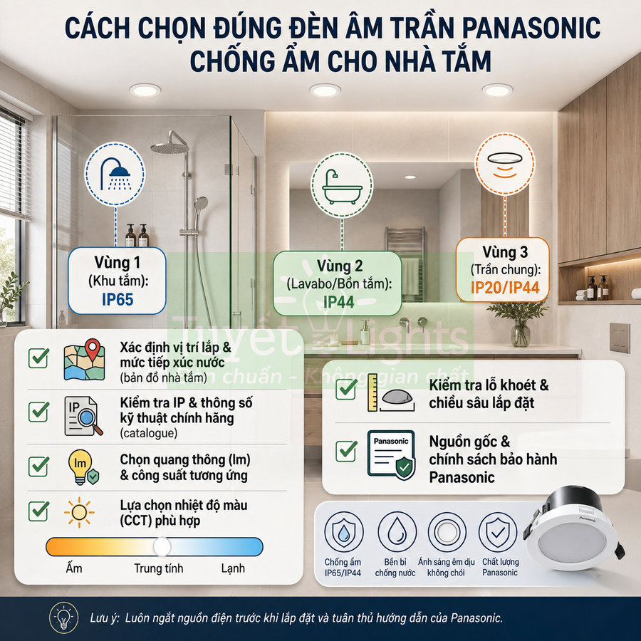 Đèn âm trần Panasonic chống ẩm lắp trong phòng tắm với hướng dẫn chọn chuẩn IP65 IP44 IP20