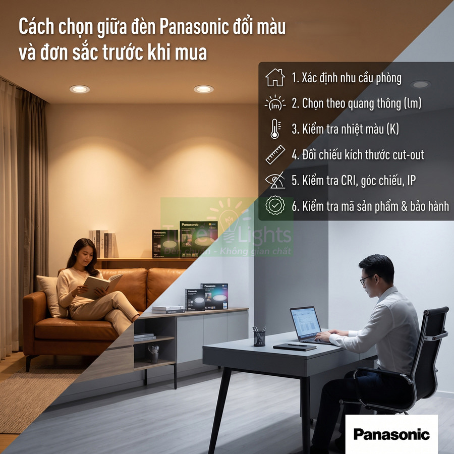 Đèn downlight Panasonic đổi màu và đơn sắc chiếu sáng phòng khách và phòng làm việc hiện đại