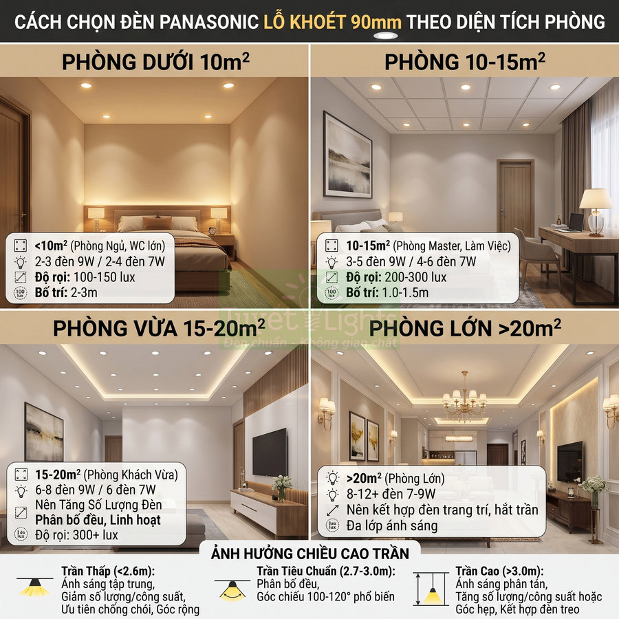 Hướng dẫn chọn đèn âm trần Panasonic lỗ khoét 90mm theo diện tích và chiều cao trần phòng