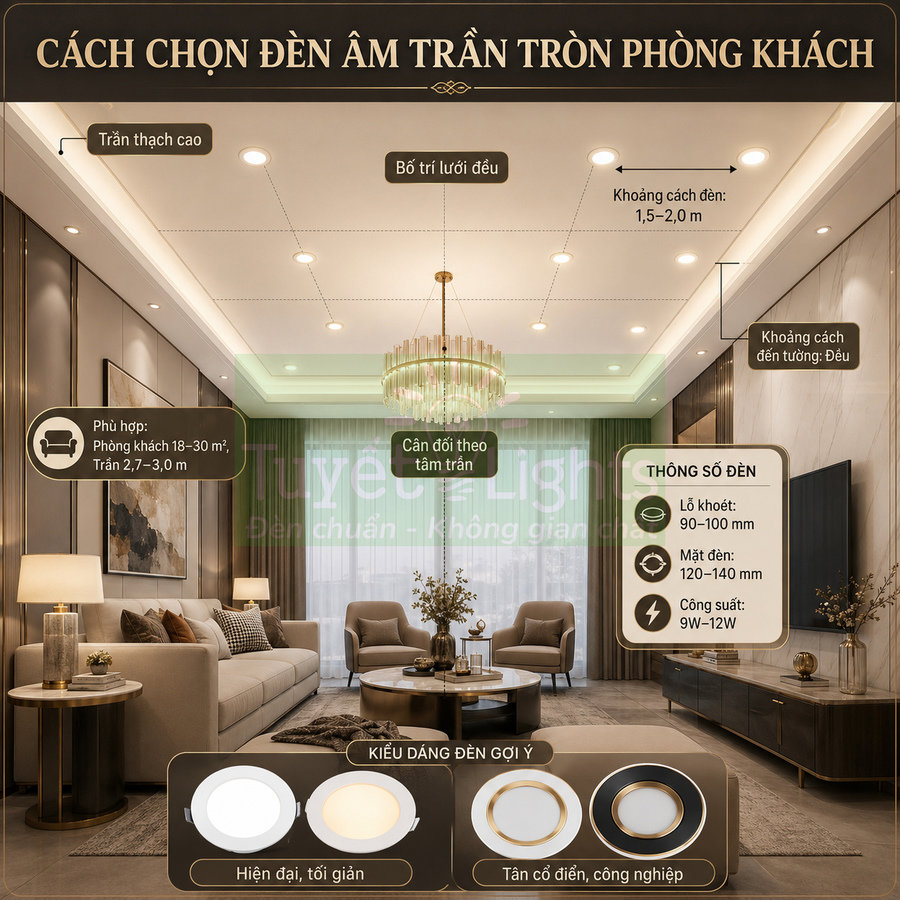 Phòng khách sang trọng với trần thạch cao lắp đèn âm trần tròn bố trí đều quanh đèn chùm trung tâm